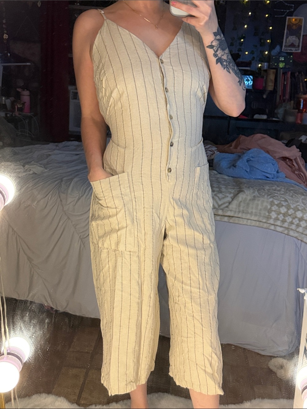 Dress Forum Cream Striped Button-Front Linen-Blend Jumpsuit